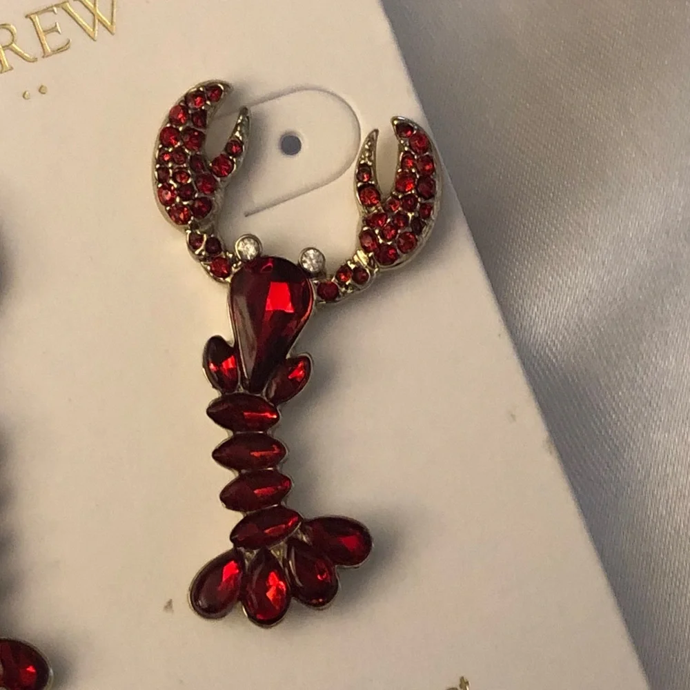 J. Crew Factory Silver Tone & Red Crystal Encrusted Lobster Drop Earrings NWT